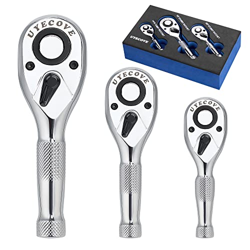 UYECOVE Ratchet Set 3PCs-1/4 Drive Ratchet, 3/8' Drive Ratchet, 1/2' Drive Ratchet, Mini Ratchet Set-Stubby Ratchet Wrench Set 72-Tooth Small Ratchet Set with IXPE Storage Tray