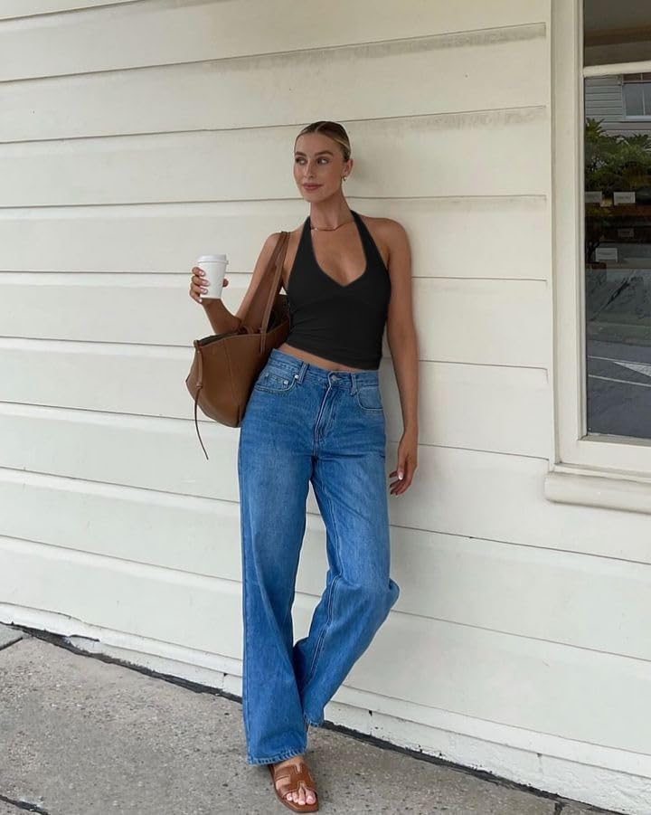 Women's Deep V Neck Halter Tie Back Tank Top Sleeveless Slim Fitted Summer Crop Top - Image 3