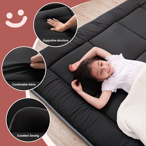 WhatsBedding Japanese Futon Mattress 3\" Black Floor Mattress Tatami Mat Foldable & Portable Roll Up Sleeping Pad, Dormitory Lounger Camping Bed for Kids and Adult,Full Size 54\"x 80\"