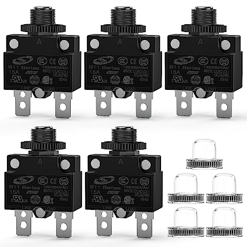 Nilight 5PCS 15 Amps Thermal Circuit Breaker 125/250V AC 65V DC Push Button Manual Reset Overload Protector Waterproof Cap Auto Trip Resettable for Industrial 12-24V Auto Cars