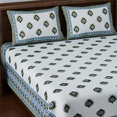 Image of Living Roots Ethnic Rajasthani /Jaipuri /Sanganeri Block Print 100% Cotton Super King Size 100 * 108 Bedsheet with 2 Pillow Covers (39A)