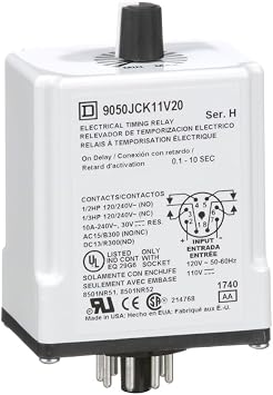 Schneider Electric Square D Timer Relay, Type JCK, Plug in, On Delay, Adjustable Time, 0.1 to 10 Seconds, 10A, 240 VAC, 120 VAC/110 VDC
