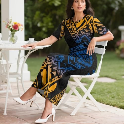 Image of Puletasi Samoan Traditional 2 Piece Outfits for Women Short Sleeve Crop Top and Maxi Skirt Sets Puletasi Dress