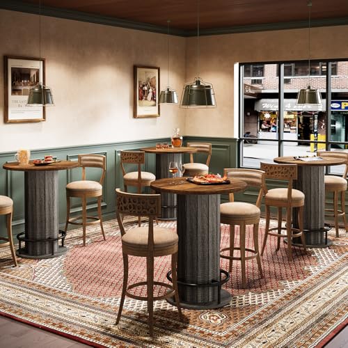 Image of Tribesigns Round Dining Table Set of 4, Bar Height Commercial Kitchen Table with Wood Strip Base and Footrest, for Dining Room, Restaurant, Cafe, Bakery, School, Apartment, Brown & Gray (Only Table)