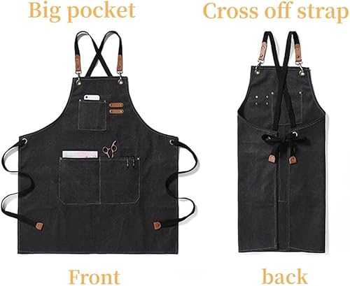 Miniatura 8 de MISIWANLO Delantal de trabajo con espalda cruzada, correas ajustables resistentes y bolsillos grandes, delantales de chef, hombres y mujeres, M-XXL
