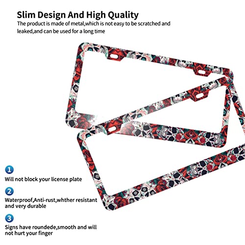 2 Pack Sugar Skull License Plate Frames For Women Roses License Plates Covers Aluminum Stainless Metal License Plate Holder Auto Car Accessories Tag Decorations With 2 Holes Screws Standard Size #TOP5