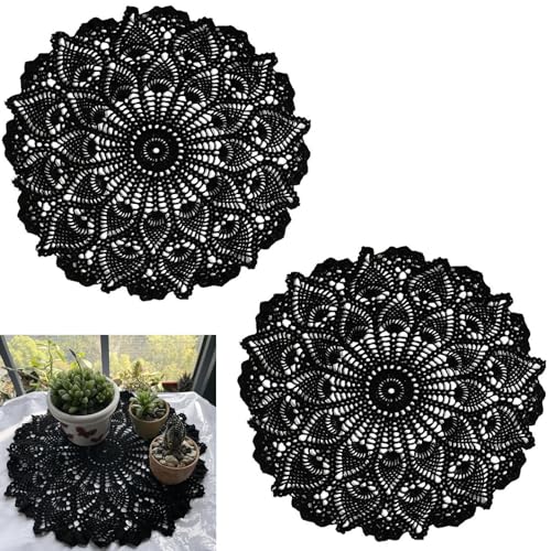 BIBITIME Lace Placemats Table Doilies Round Handmade Crochet Doily Kitchen Cup Mug Mats (Black, 16 to 17.5 inches-2PCS)