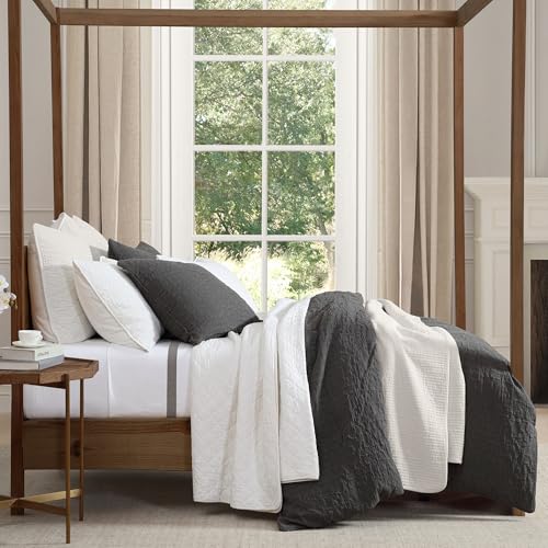 Image of HiEnd Accents Porto Matelasse 3 Piece Comforter Set with Pillow Shams, Queen Size, Cotton Charcoal Gray Textured Modern Boho Chic Casual Luxury Bedding, 1 Comforter, 2 Pillowcases