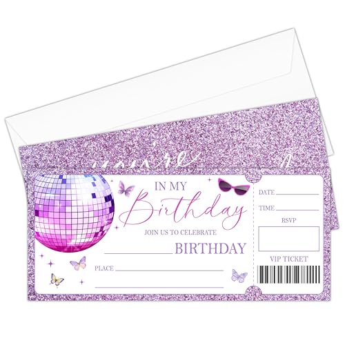 Qssfdgg In My Party Era Ticket Birthday Invitation Purple Glitter Birthday Party Invitation Cards for Teens Adults 20 Ticket Invitations with Envelopes for Parties Party Celebration Supplies-07