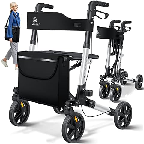 KESSER Rollator Aluminium Set, Leichtgewicht-Reiserollator mit Vollausstattung, 3-fach faltbar für Kofferraum klappbar Reise und Flug, Höhe verstellbar, Gurt, Stockhalter Gehwagen Laufhilfe Gehhilfe Cover