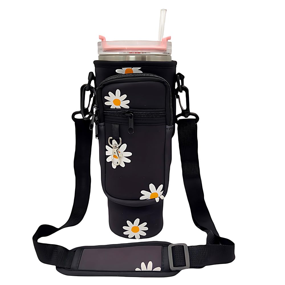 XINGSUI 1 Piece Water Bottle Carrier Bag with Phone Pocket, Bottle Bag for Stanley Cup 40oz, Water Bottles Carrier Bags, Bottles Pouch Holder,with Adjustable Strap,for Hiking,Travelling,Camping(Black)