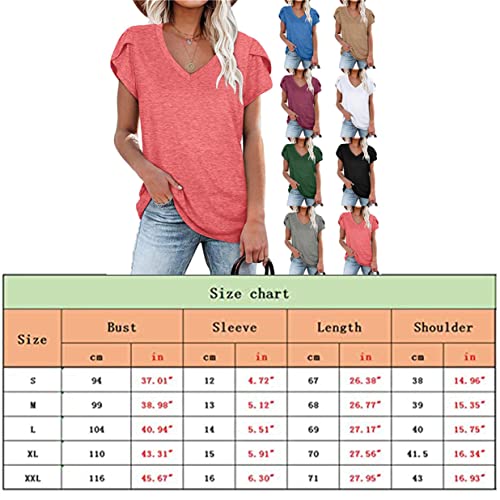 Jumaocio Women's Petal Sleeve V-Neck T-Shirt Summer Casual Short Sleeve Top Loose Solid Color Shirt Basic Tunic T-Shirt #TOP3