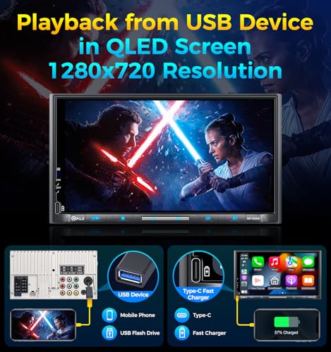 Image of PLZ 7 inch Wireless Double Din Car Stereo Apple Carplay Radio QLED Screen for Car, Android Auto, Bluetooth 5.3, Fast Charger, 1080P Backup Camera, 4.2 Channel Outputs 240W, 2 Subwoofer