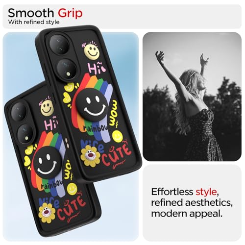 Image of Pikkme Back Cover for Vivo Y100 5G | Soft Silicone| Cute Rainbow Smile & 3D Cartoon Flower Design | Shockproof Raised Camera Protection Bumper Case (Black)