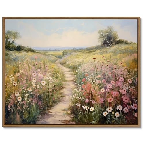 Gardenia Art Framed Flowers Path Art Prints Colorful Wildflower Field Wall Art Nature Spring Landscape Canvas Painting Vintage Floral Botanical Aesthetics Picture Farmhouse Home Wall Decor, 8x10 Inch
