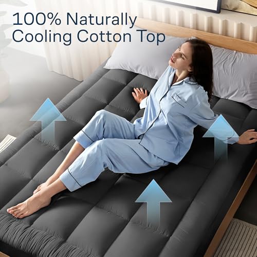 Image of Niagara Sleep Solution Cloud-Like Queen Non-Slip Mattress Topper - 100% Cotton Top Mattress Pad for Back Pain Relief - Extra-Grip, Breathable & Naturally Cooling for Hot Sleepers, Dark Gray
