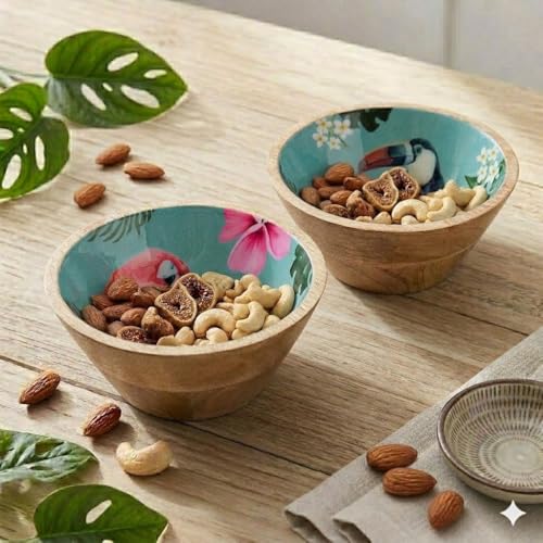 Image of SAAGA Mango Wood Nuts Bowl Set of 2-6 x 3 Inch Decorative Wooden Snack & Dry Fruit Bowls | Soup Serving Katori - Tourmaline Finish