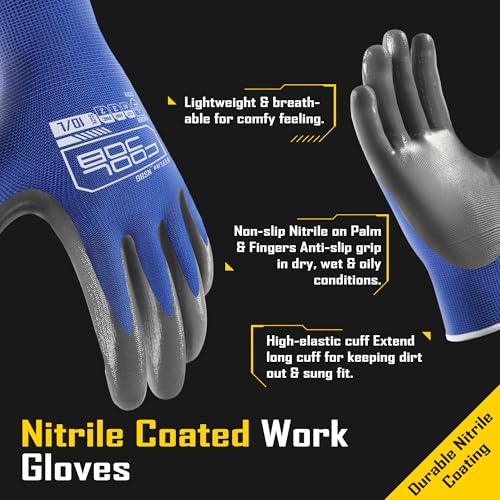 Image of COOLJOB 120 Pairs Safety Work Gloves for Men Women Non-slip, Nitrile Rubber Coated Working Garden Yard Gloves Bulk with Grip, Palm Dipped Oil Resistant and Hand-friendly MultiPack (Blue Gray, Small)