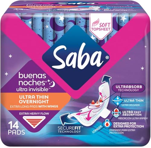 Image of SABA Ultra Invisible Ultra Thin Night Pads with Wings, Overnight Heavy Absorbency, 4-Pack of 14 Pads (56 Count)
