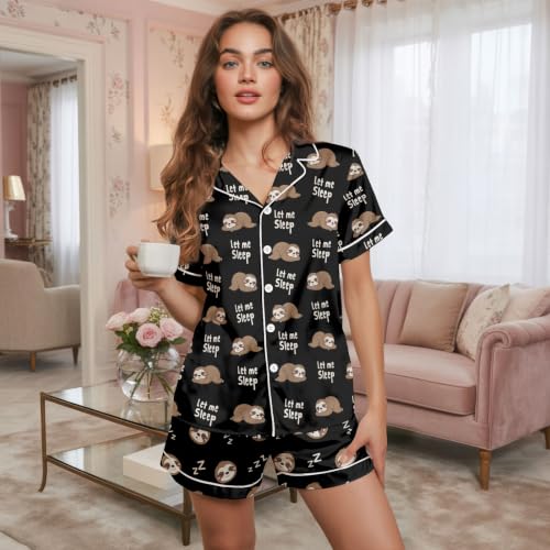 Image of Women's Satin Pajamas Set, Short-Sleeve Button Down Loungewear