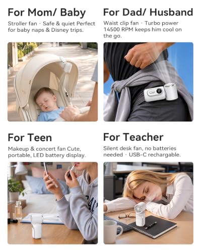 Mini Clip on Fan Handheld, 3000mAh Rechargeable Portable Fan with LED Display, 3-in-1 Personal Cooling Fan, 5 Speeds Quiet USB C Fan for Stroller Desk Travel Camping Office for Women Men Kids, White — view 3