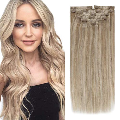 Sunny Blonde Highlighted Clip in Hair Extensions 16 inch Human Hair Double Weft Golden Blonde Mix Medium Blonde Clip in Extensions Highlight Silky Straight 7pcs 120g