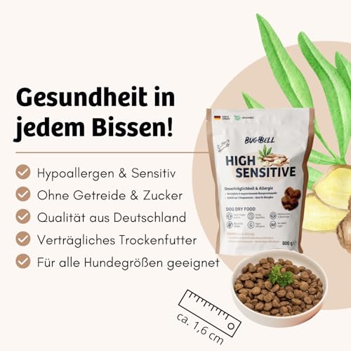 BugBell 7kg Premium Trockenfutter Schonkost, Nur fünf Komponenten, Hypoallergen, für Allergikerhunde, Insekten Hundefutter bei Ausschlussdiäten