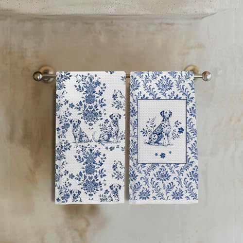 Image of Chinoiserie Dalmatian Kitchen & Hand Towels Set of 2, Blue and White Floral Dog Dish & Tea Towels for Kitchen Bathroom Decor, Vintage Toile Dog Lover Gifts for Women 16x24 Inch