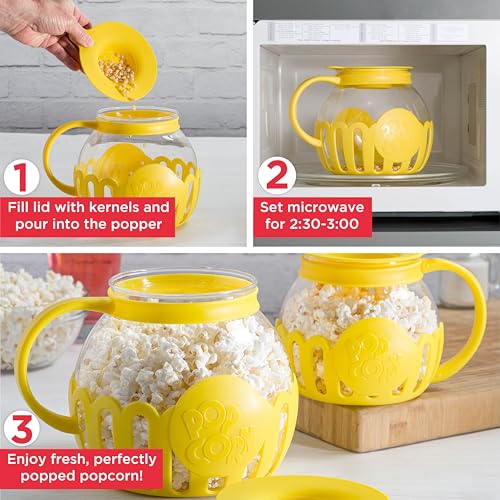 Ecolution Patented Micro-Pop Microwave Popcorn Popper with Temperature Safe Glass, 3-in-1 Lid Measures Kernels and Melts Butter, Made Without BPA, Dishwasher Safe, 3-Quart, Yellow