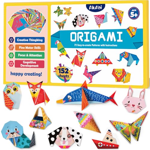 AluAbi Origami Kit for Kids Ages 6-12,152 Sheets Double Sided Origami Paper Set with Guiding Book, 72 Patterns, Square Folding Paper,DIY Children's Art & Craft Activities,Gift for Beginners Girls Boys