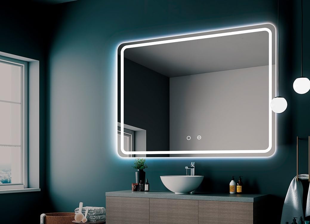 Mice - Espejos con luz led de Baño - Espejo retroiluminado con Cantos Redondeados, luz Frontal fría - Espejo con luz para Vestidor, Maquillaje, Centro Estetica - Medida 100x80cm