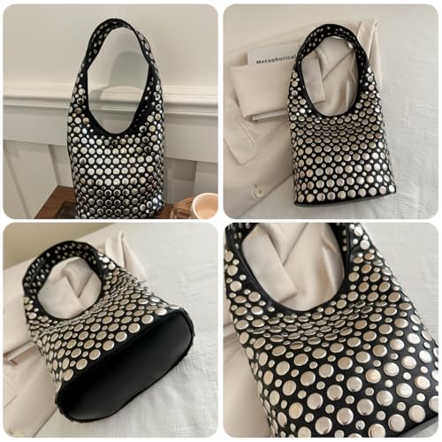 Women's Studded Y2k Hobo Bag 90s Punk Crescent Shoulder Purse Soft PU Leather Tote Handbag4