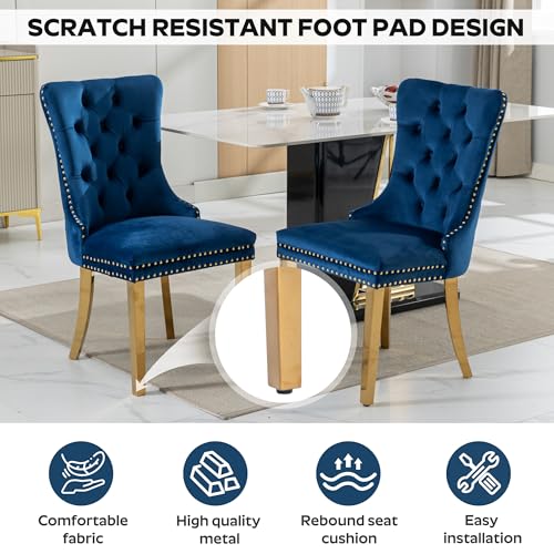 Image of 5-Piece Dining Table Set with 39In Tempered Glass Table and 4 Velvet Upholstered Chairs, Modern Scandinavian Furniture for Dining Room Kitchen(Blue&Gold)