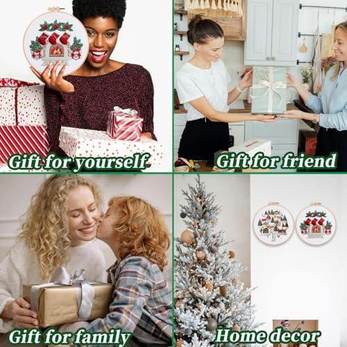 FONNUY Crewel Christmas Embroidery Kit for Beginners, Cross Stitch Set Winter Snow Scene Pine Owl Pattern for Adults, Easy to Follow Color Thread Needlework, 8'' Hoop (Fireplace) by FONNUY - Image 3