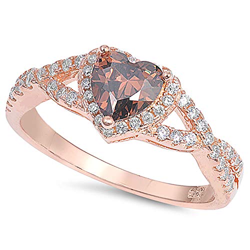 Heart Shape & Round Cut Chocolate Dimonad & Cubic Zirconai 14k White Gold Plated 925 Sterling Silver Infinity Heart Halo Champagne Promise Ring for Women (9.5)
