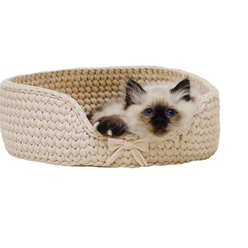Cat Basket Bed,Knitted Round Pet Beds for Cats,Dog Beds for Small Dogs,Cat bed,Cat house handmade,Cat nap basket,Cat cave,Small dogs bed,Hand knitted cat bed,Gift bed for cats (35 * 15 cm, Beige)