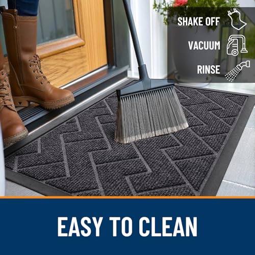 Image of OLANLY Front Door Mat Indoor Outdoor Entrance, Waterproof All-Season, All-Weather Doormat, Sturdy Natural Rubber, Low Profile, Easy Clean Patio Porch Entryway Mat, Herringbone Brick (Grey, 47x17)