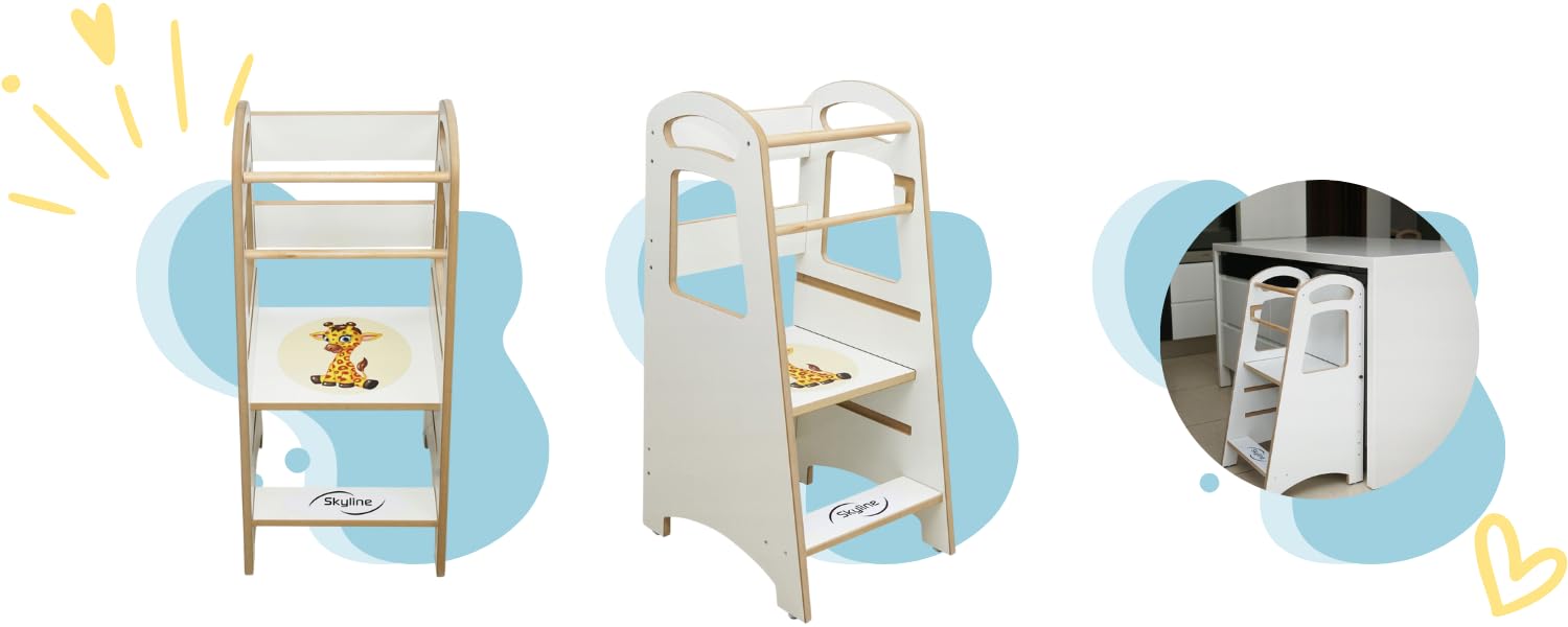 Skyline Steh und Lernturm Baby ab 1 Jahr Montessori Learning Tower Höhenverstellbar Tritthocker Kinder Indoor Möbel Kinderzimmer Trittschemel Kitchen Helper Hochstuhl (Weiß mit Giraffe)