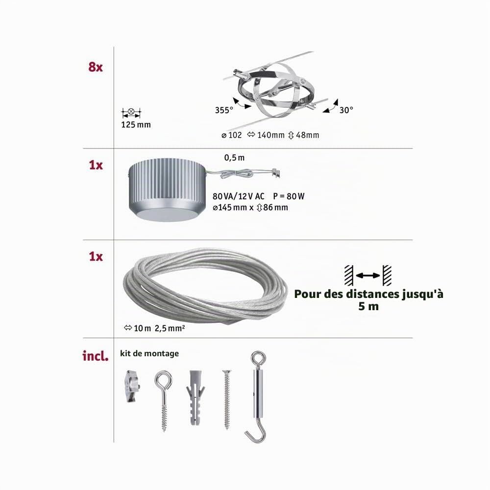 Paulmann 94153 Kit Système de Câbles Cardan 8x10W max, Dimmable Métal Système d’Éclairage LED sur Câbles