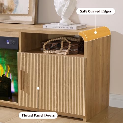 Image of AMERLIFE 70 inch Fluted Fireplace TV Stand for TVs Up to 80 inch, Modern TV Console with 30 inch Electric Fireplace & Storage Cabinets, Media Entertainment Center for Living Room, Natural Oak
