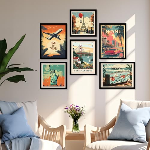 Image of kotart Modern Art City Vibes Wall Decor - Retro Travel Theme Wall Poster with Frame for Room Office Living Room Hotel Home Decor - Photo Frames - Framed Posters / Paintings Set of 8 (Art 2, Small(10x13 or 10x10 inch), Framed)