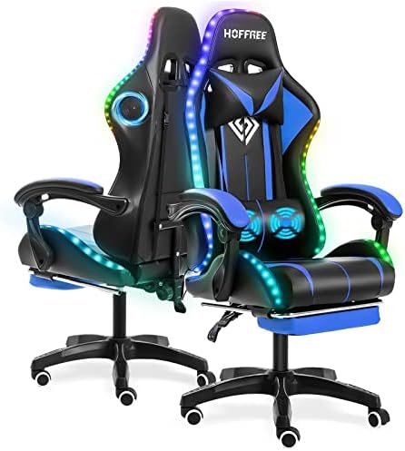 RGB Gaming Chair with Bluetooth Speakers and LED Lights Ergonomic Massage Computer Chair with Footrest High Back Music Video Game Chair with Lumbar Support Blue and Black