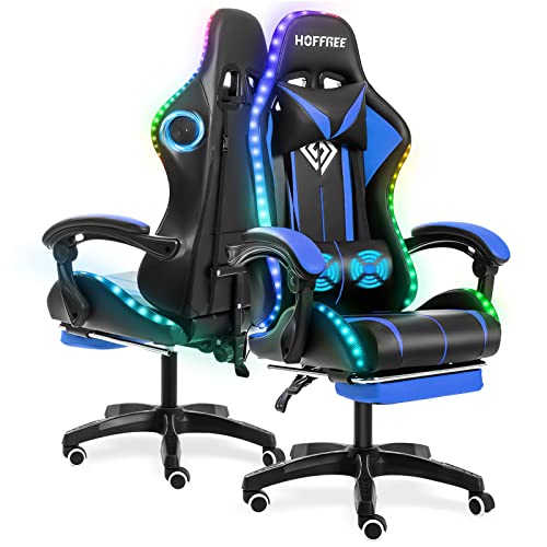 Rgb Gaming Chair With Bluetooth Speakers And Led Lights Ergonomic Massage Computer Chair With Footrest High Back Music Video Game Chair With Lumbar Support Blue And Black #TOP6
