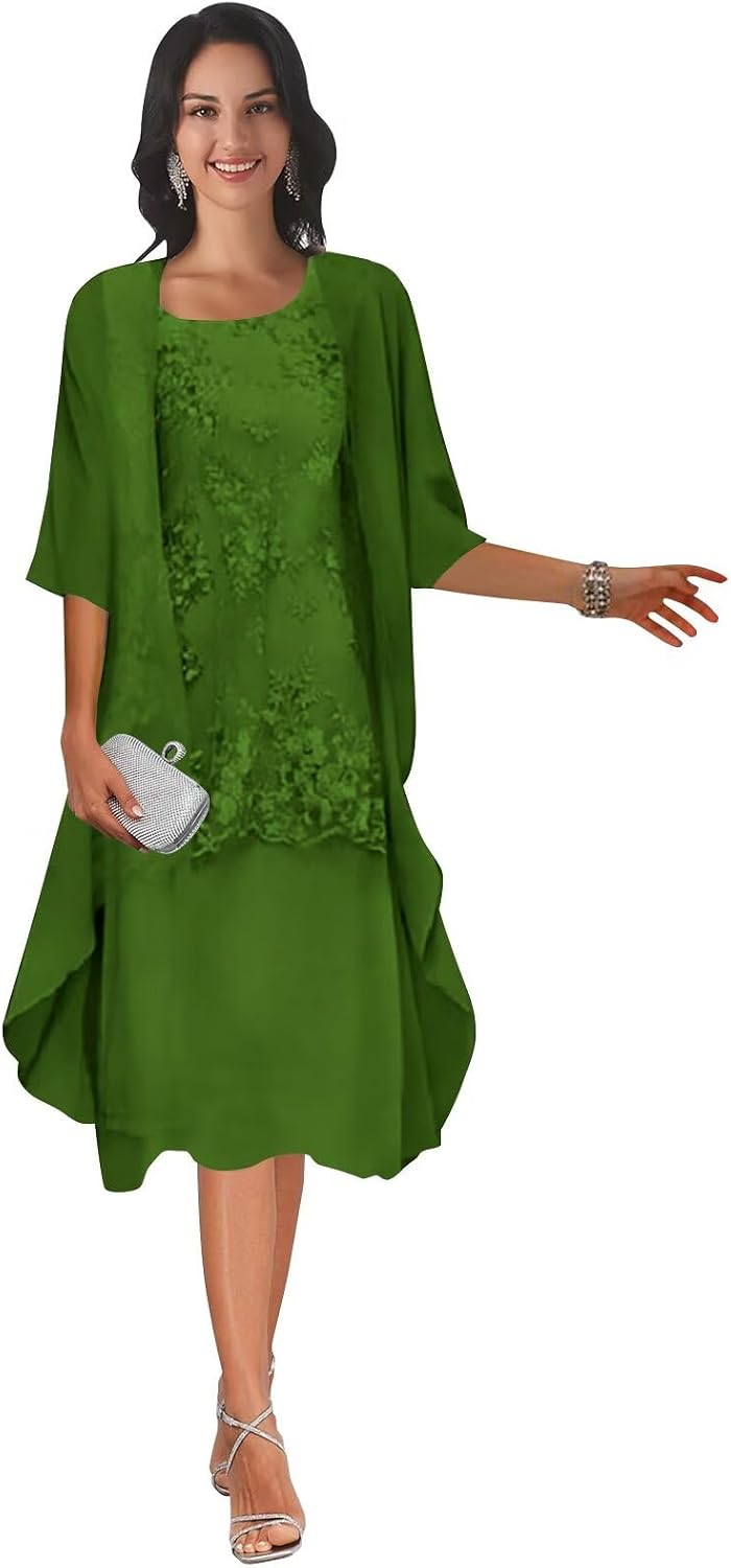 Women's 2 Pieces Chiffon Mother of The Bride Dresses for Wedding Tea Length Lace Formal Dress with Jacket