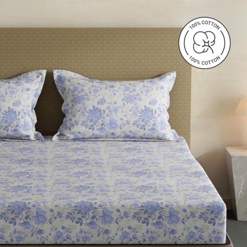 Image of Layers 100% Cotton Bedsheet for King Size Bed | Lumina Floret Collection | 144 TC Soft & Breathable | Floral Print with 2 Pillow Covers | Wrinkle Free & Colorfast | 3 Piece Bedding Set - Blue