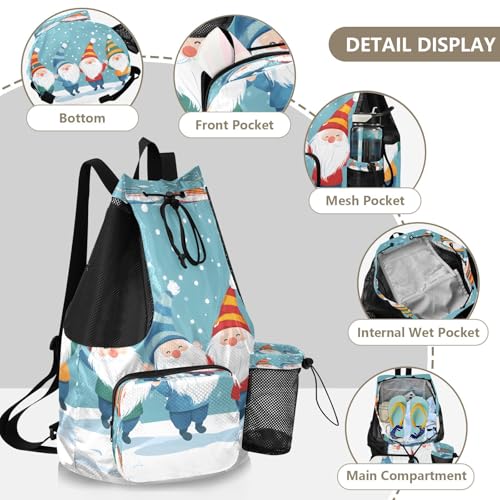 Mesh Gym Swimming Bags for Men & Women, Christmas Gnomes Snow Winter Large Drawstring Backpack with Dry-Wet Pocket, Lightweight Gym Bag for Sports, Travel, Beach, Workout Gear4