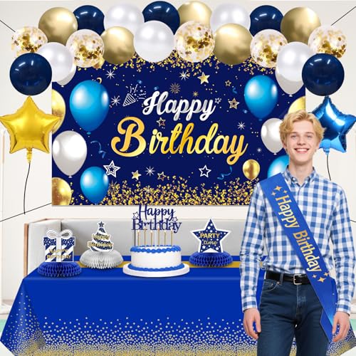 image for YeohJoy Birthday Decorations Navy Blue Gold - Happy Birthday Banner, S