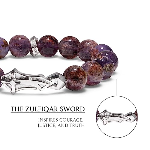 AWNL® Men's Beaded Bracelet Premium Sterling Silver Central Charm with Natural Gemstones Hawk Eye Amethyst Phantom Quartz (10mm) Elastic Cord Bracelet for Men, 5.5"-7.5"4