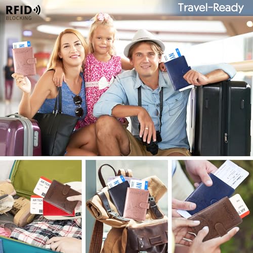 Image of Passport Holder and Card Slot Combo RFID Blocking Leather Family Travel Passport Wallet Travel Accessories for Men Women US Passport Cover Protector (Travel black)