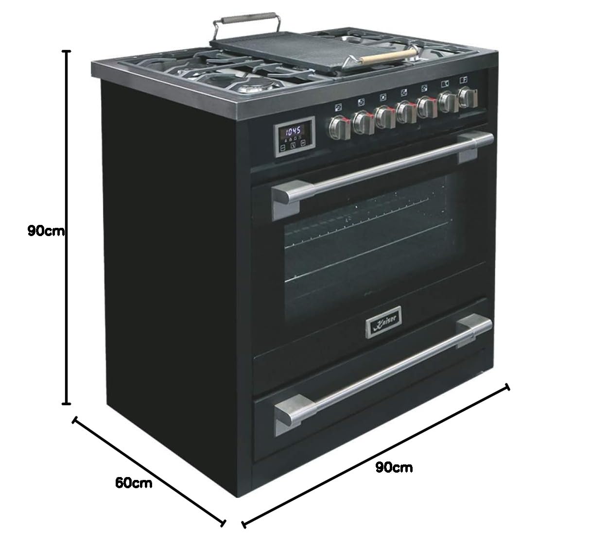 Kaiser HGE 93505 S elektryczna kuchenka gazowa 90 cm / piekarnik elektryczny / 115 l / płyta kuchenna gazowa / 4,5 kW wok / 8 funkcji / samoczyszczenie / możliwy gaz ziemny i propan / luksusowa jakość